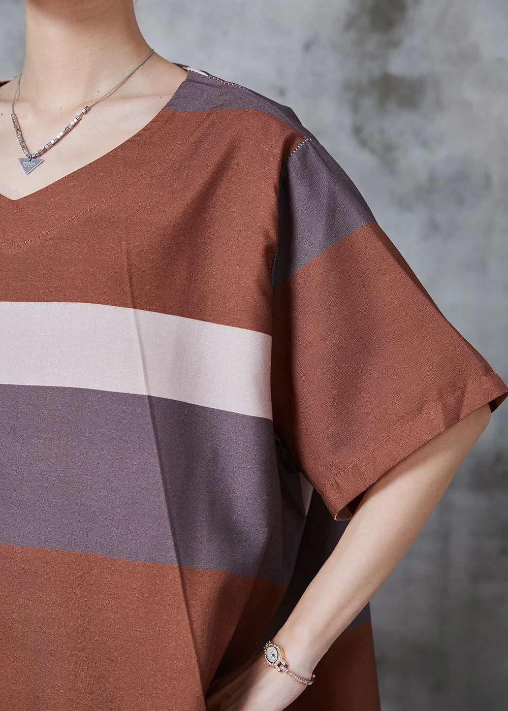 Unique Brown Oversized Striped Cotton Work Dress Summer - Image 5