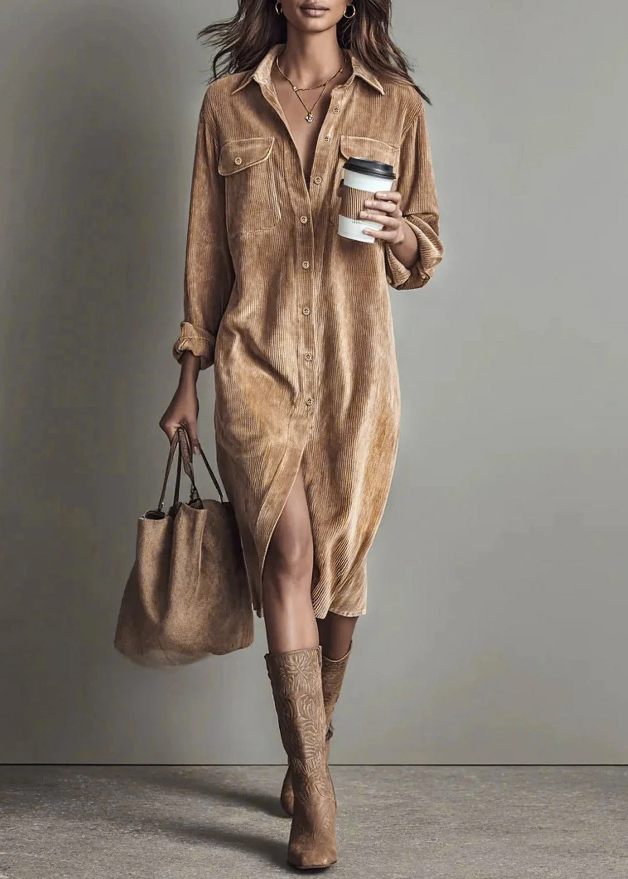 Unique Brown Peter Pan Collar Corduroy Shirts Dress Spring