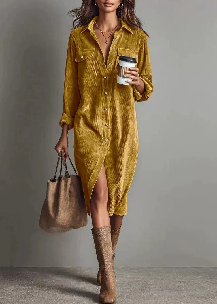 Unique Brown Peter Pan Collar Corduroy Shirts Dress Spring - Image 2