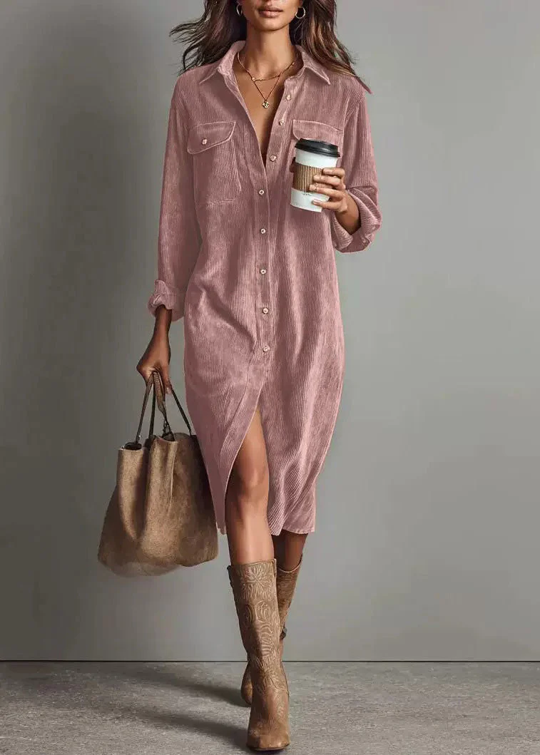 Unique Brown Peter Pan Collar Corduroy Shirts Dress Spring - Image 3