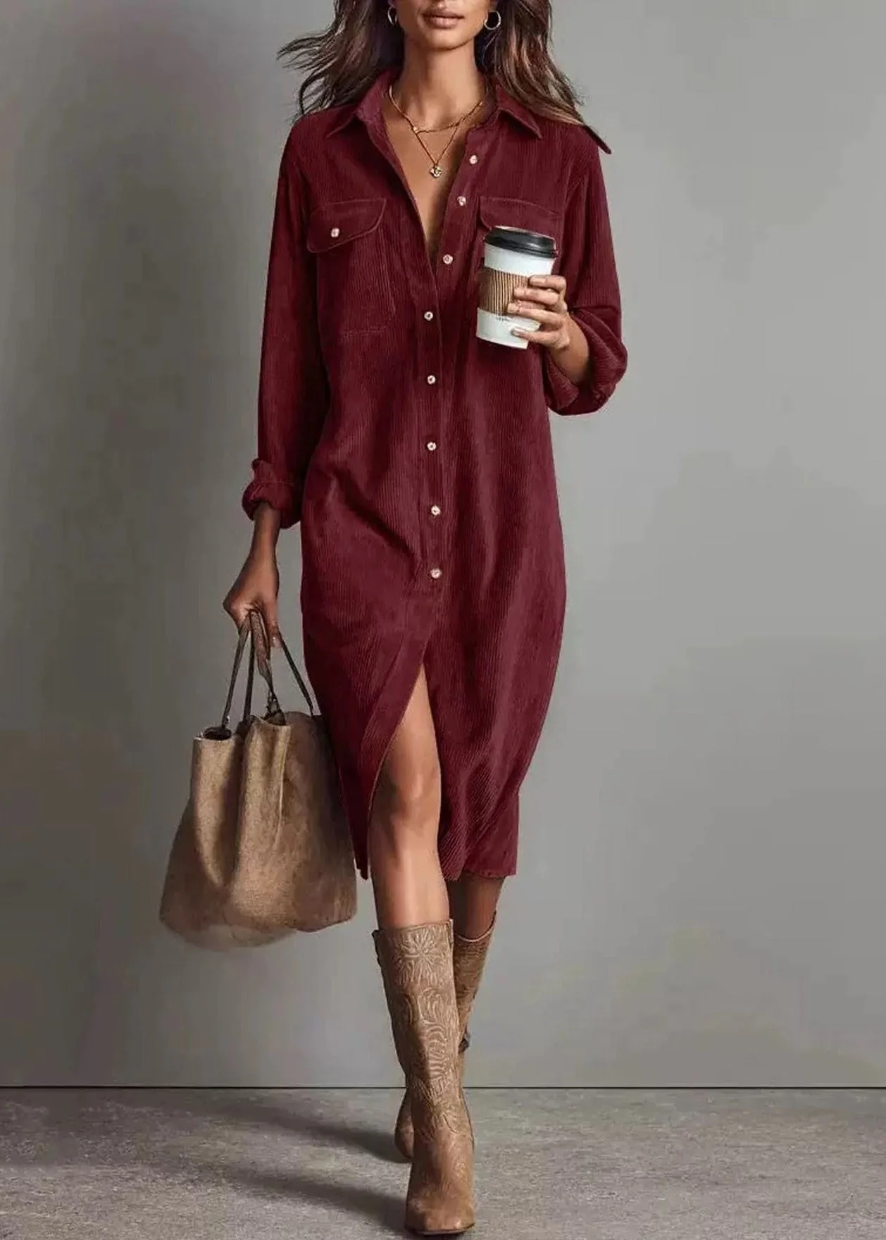 Unique Brown Peter Pan Collar Corduroy Shirts Dress Spring - Image 5