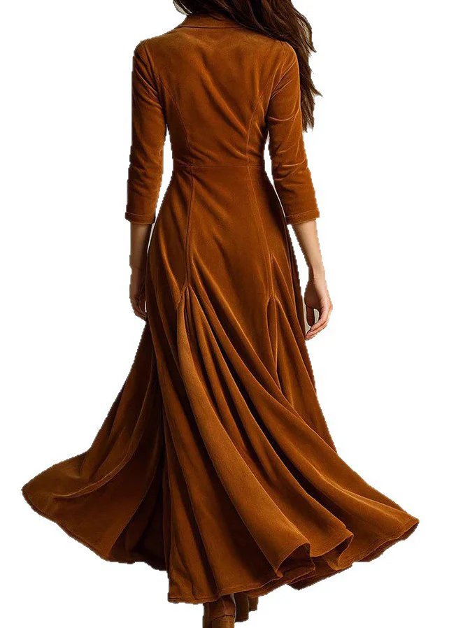 Unique Brown Peter Pan Collar Velvet Long Dresses Bracelet Sleeve - Image 5