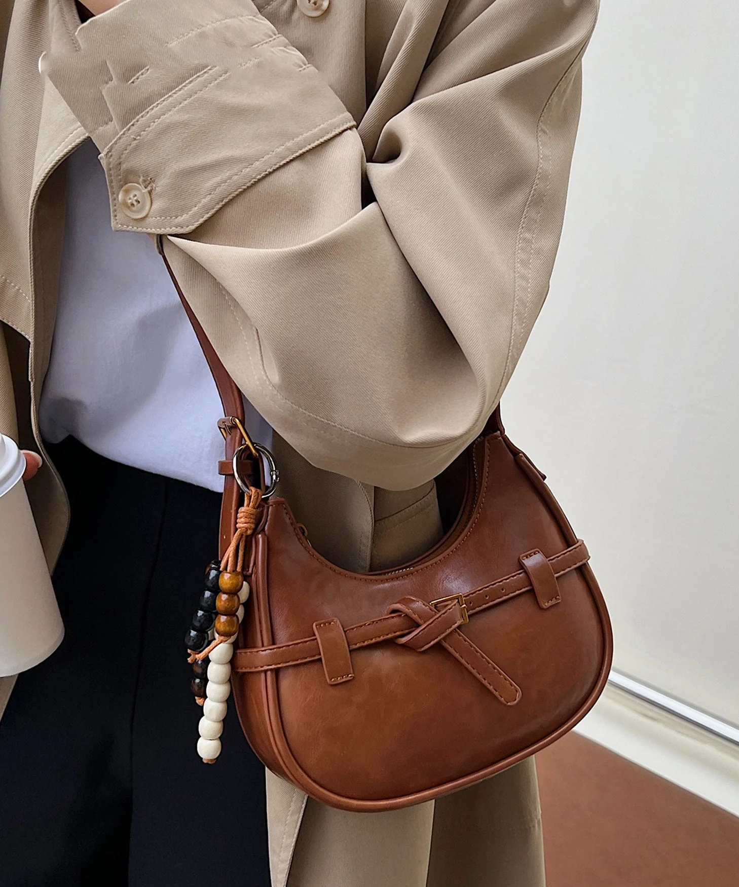 Unique Brown Tasseled Solid Durable Faux Leather Saddle Bag - Image 4
