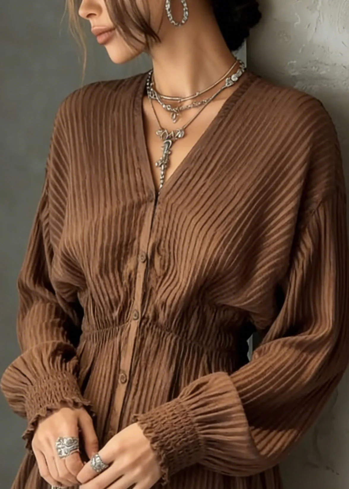 Unique Brown V Neck Button Wrinkled Cotton Shirt Spring - Image 2