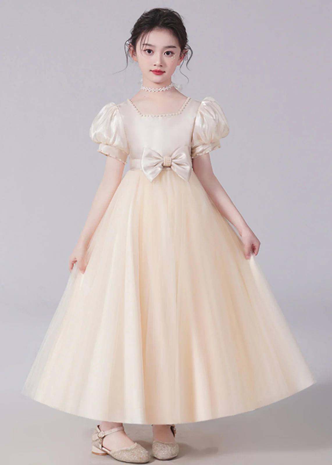 Unique Champagne Bow Nail bead Tulle Girls Long Dresses Short Sleeve