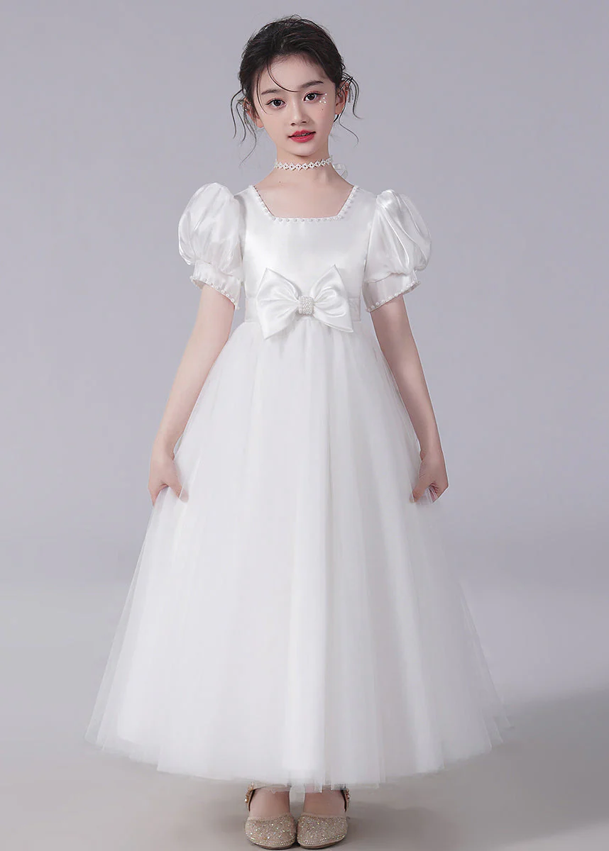 Unique Champagne Bow Nail bead Tulle Girls Long Dresses Short Sleeve - Image 2