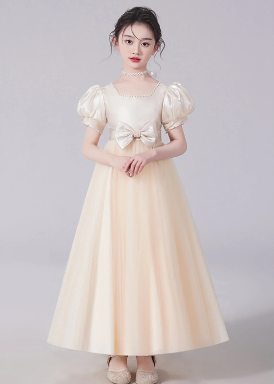 Unique Champagne Bow Nail bead Tulle Girls Long Dresses Short Sleeve - Image 3