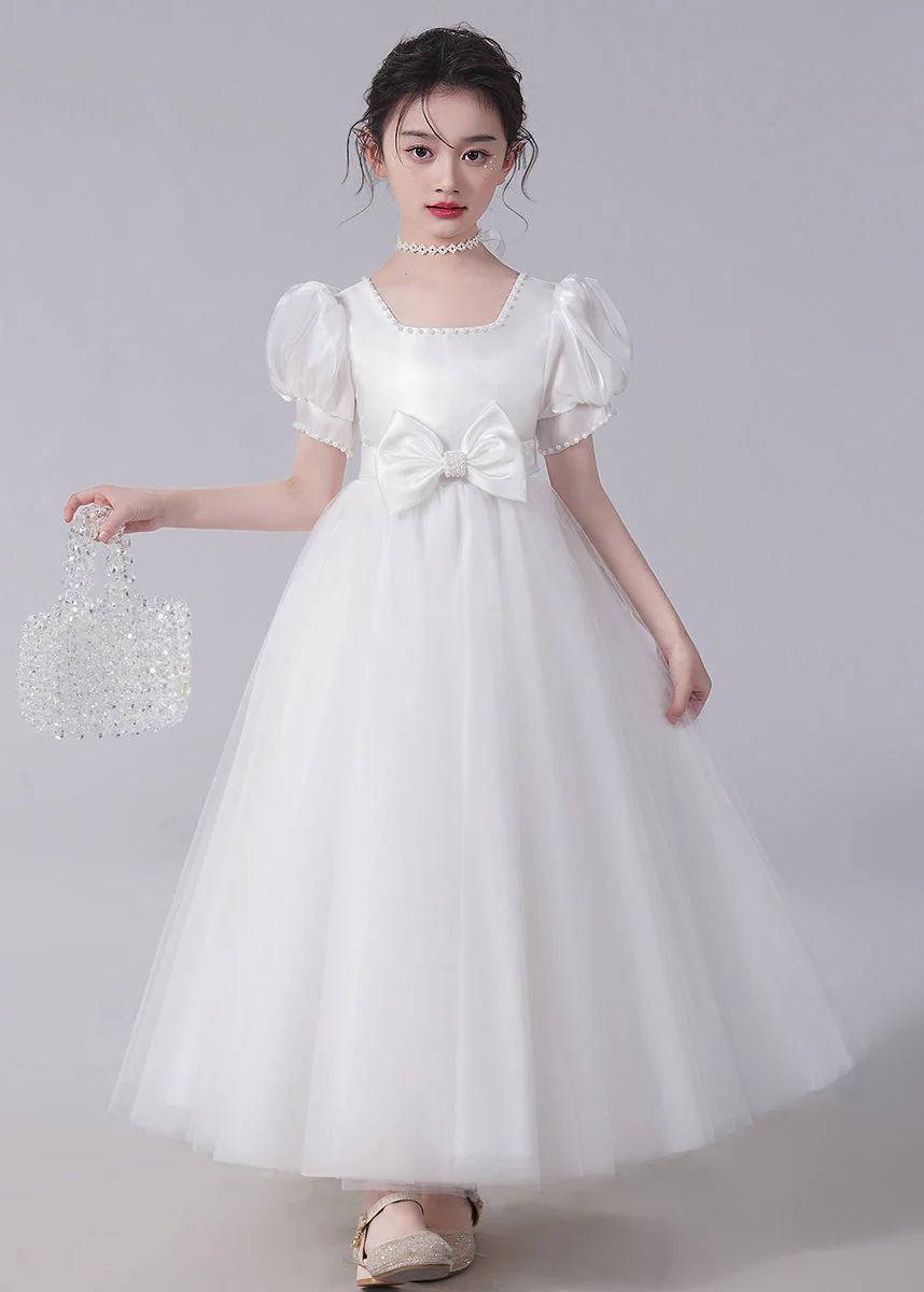 Unique Champagne Bow Nail bead Tulle Girls Long Dresses Short Sleeve - Image 4