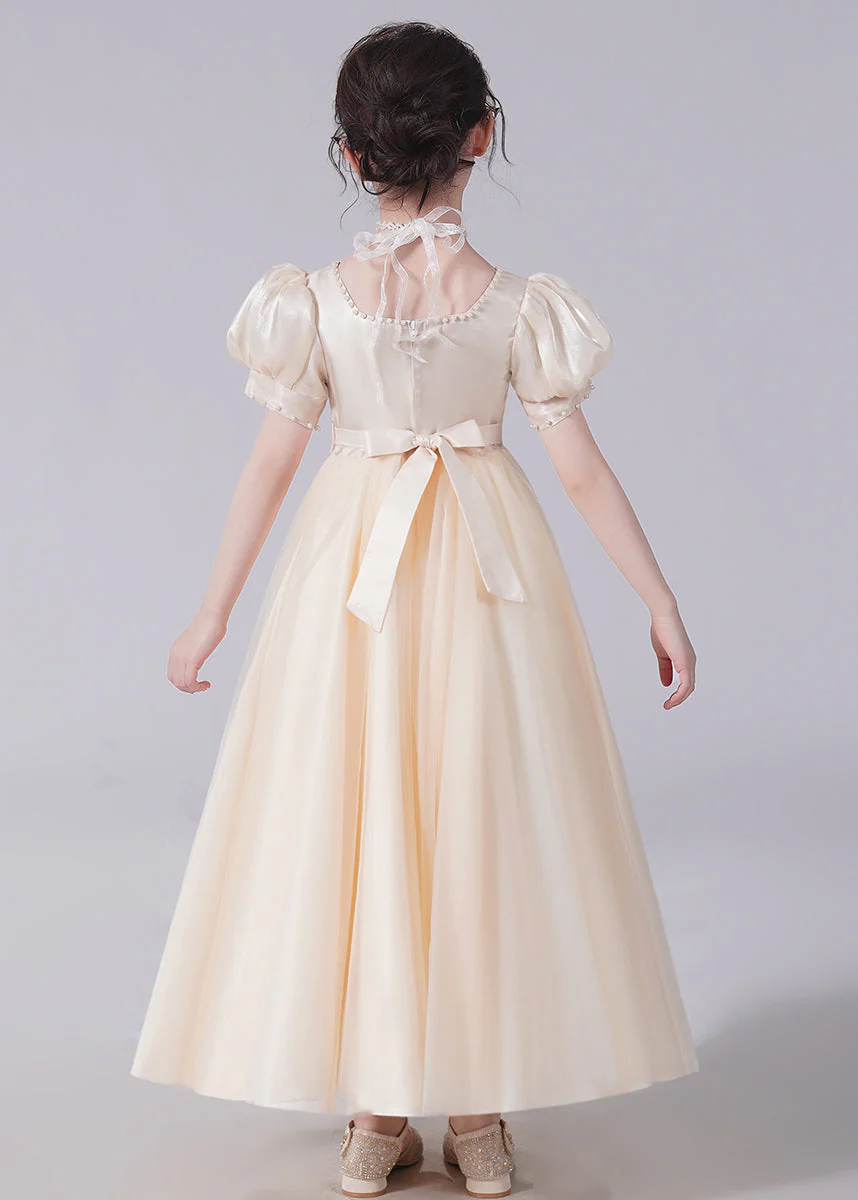 Unique Champagne Bow Nail bead Tulle Girls Long Dresses Short Sleeve - Image 5