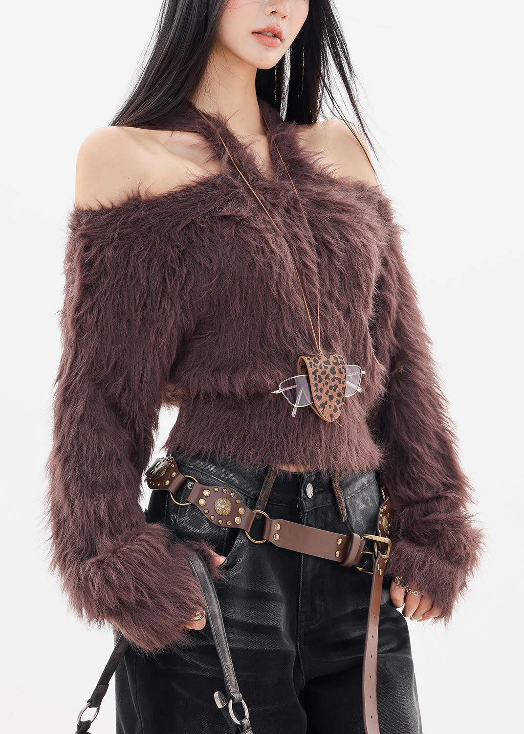 Unique Coffee Cold Shoulder Thick Solid Cotton Knit Sweater Tops Fall - Image 4