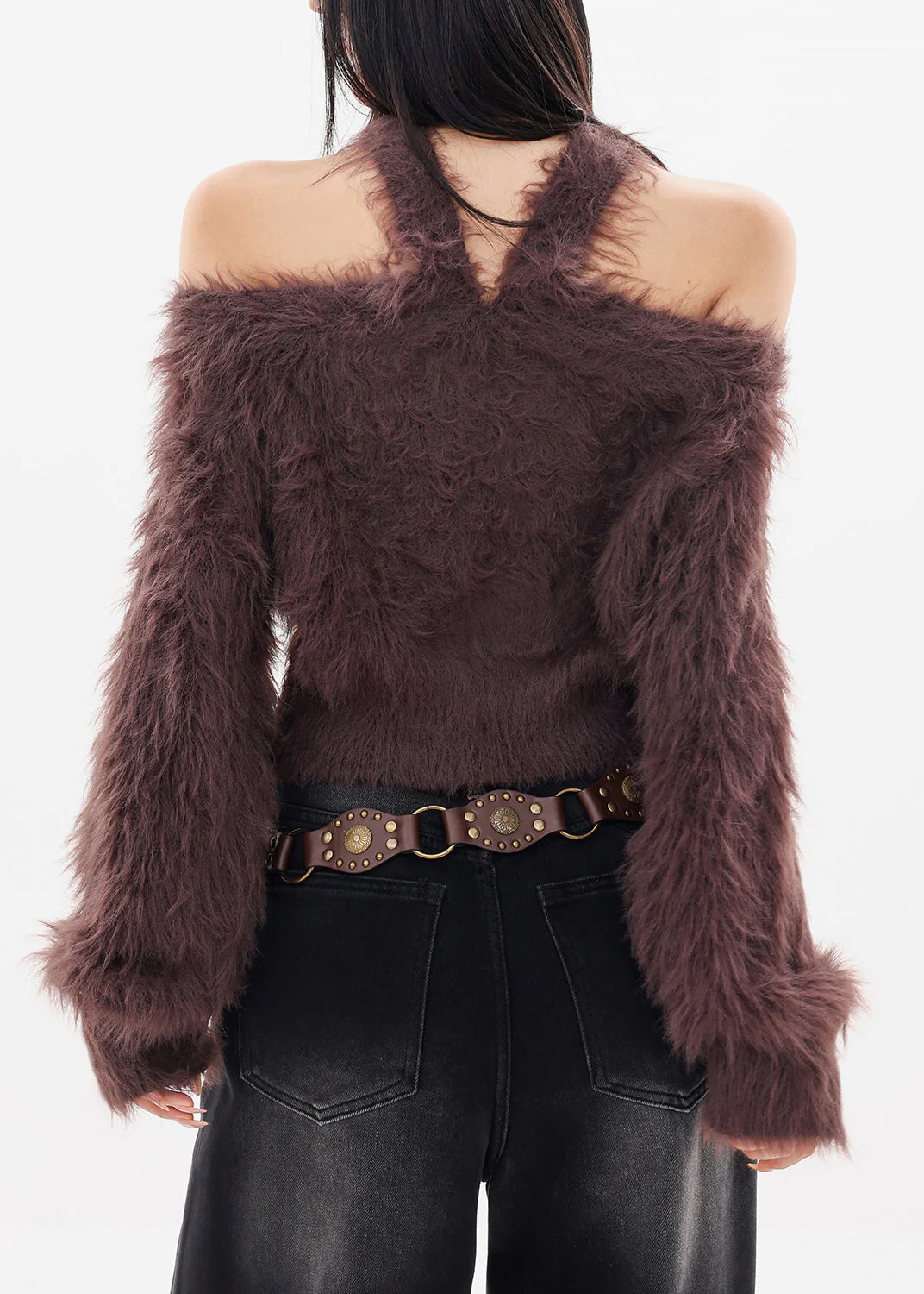 Unique Coffee Cold Shoulder Thick Solid Cotton Knit Sweater Tops Fall - Image 5