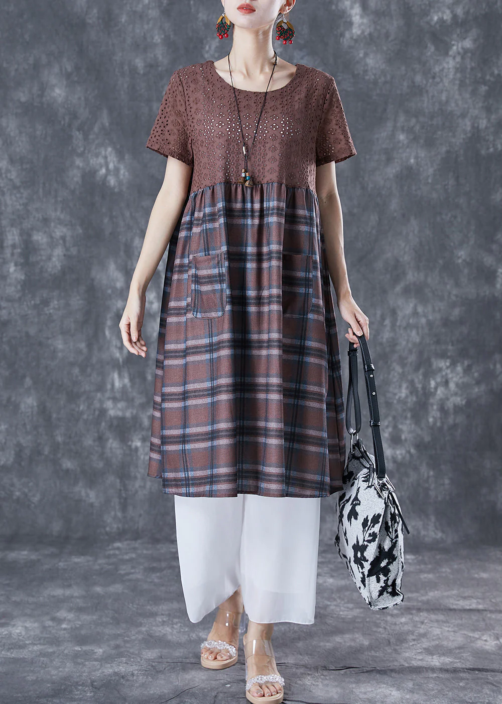 Unique Coffee Hollow Out Patchwork Plaid Cotton Dresses Summer - Image 2