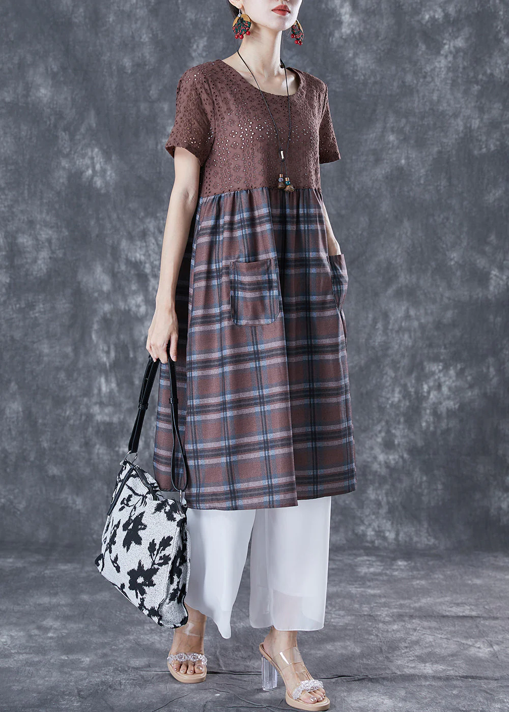 Unique Coffee Hollow Out Patchwork Plaid Cotton Dresses Summer - Image 3