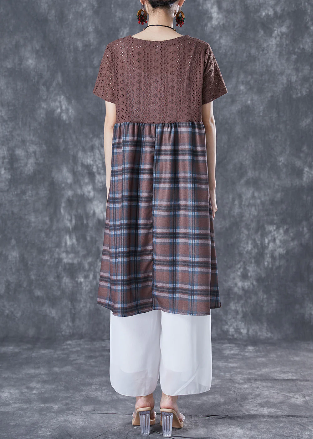 Unique Coffee Hollow Out Patchwork Plaid Cotton Dresses Summer - Image 4