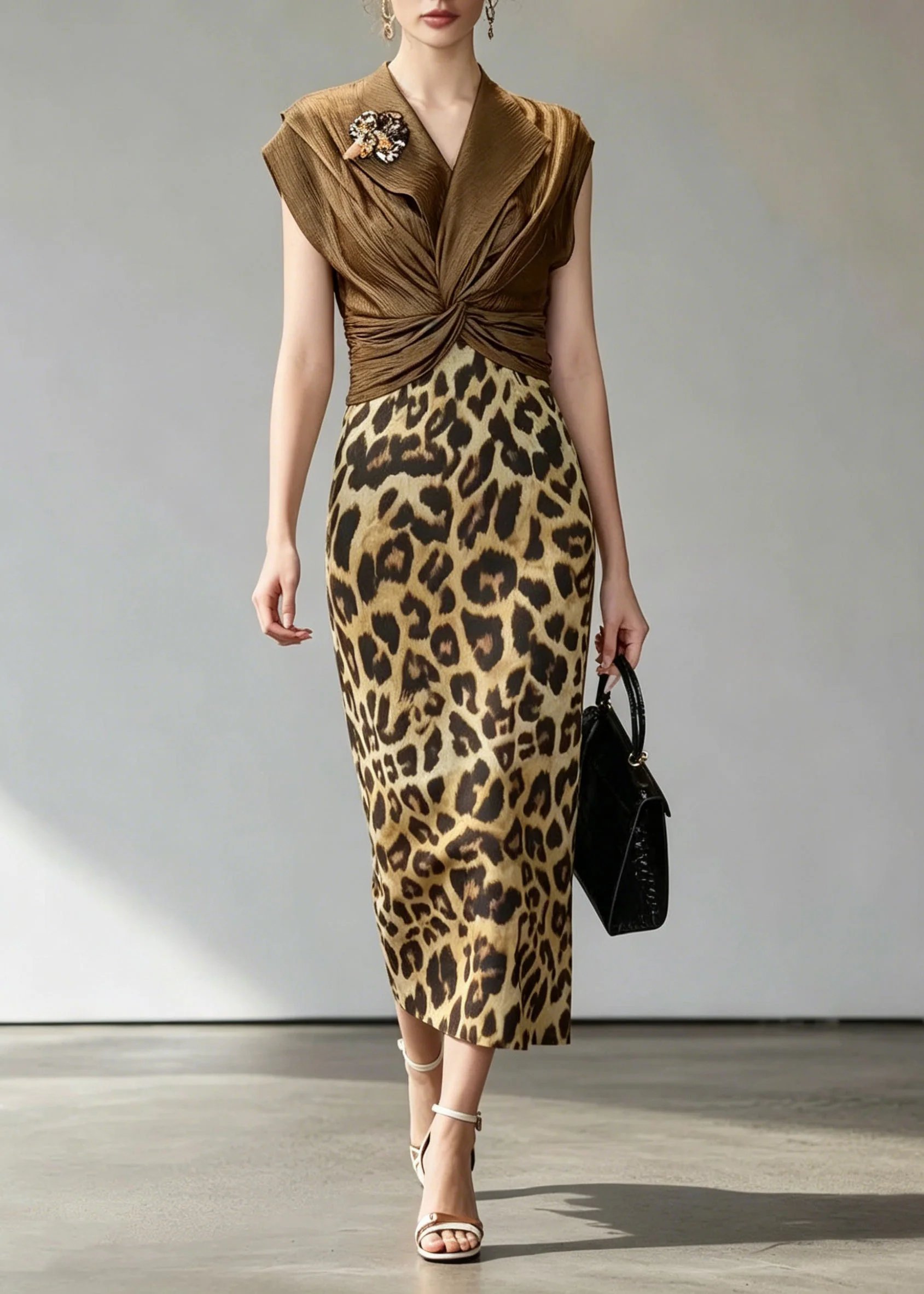 Unique Coffee Leopard Patchwork False Two Pieces Dress Summer - Image 3