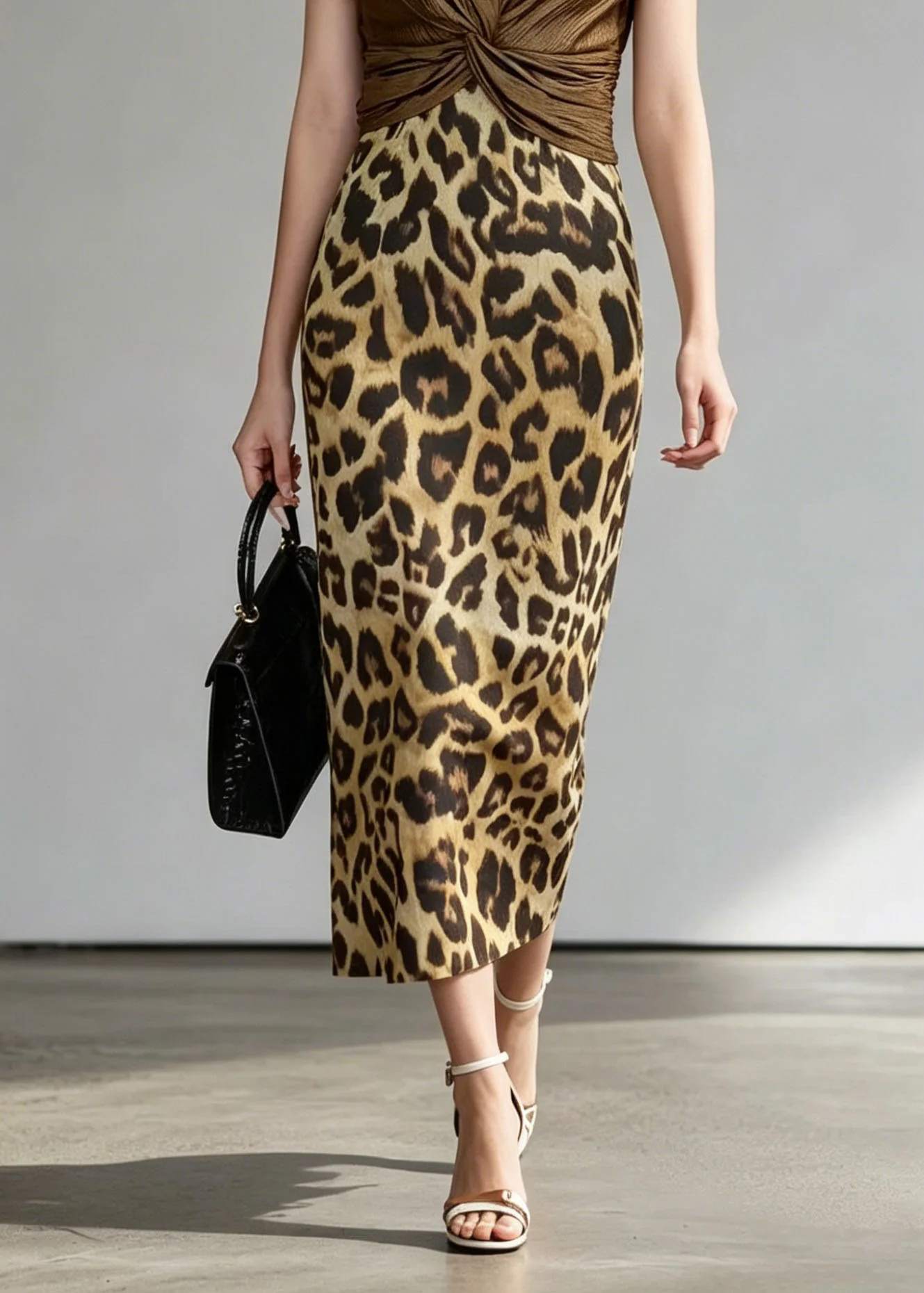 Unique Coffee Leopard Patchwork False Two Pieces Dress Summer - Image 4