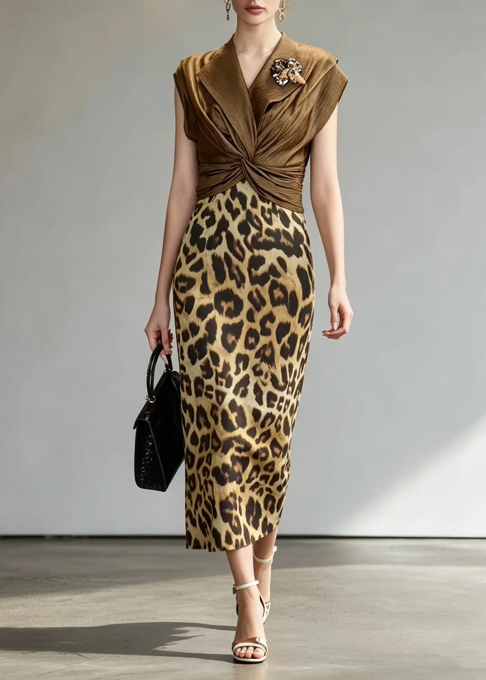 Unique Coffee Leopard Patchwork False Two Pieces Dress Summer - Image 5