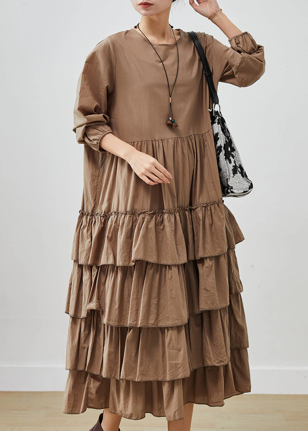 Unique Coffee Oversized Patchwork Cotton Dress Spring - Image 2