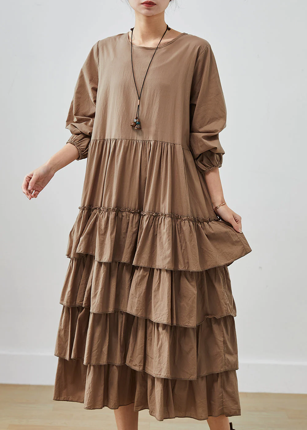 Unique Coffee Oversized Patchwork Cotton Dress Spring - Image 3