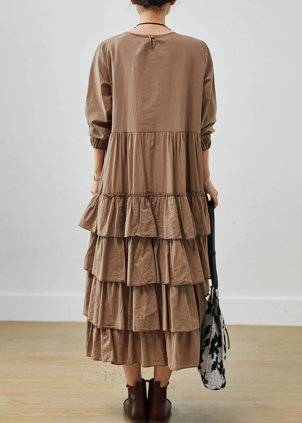 Unique Coffee Oversized Patchwork Cotton Dress Spring - Image 4