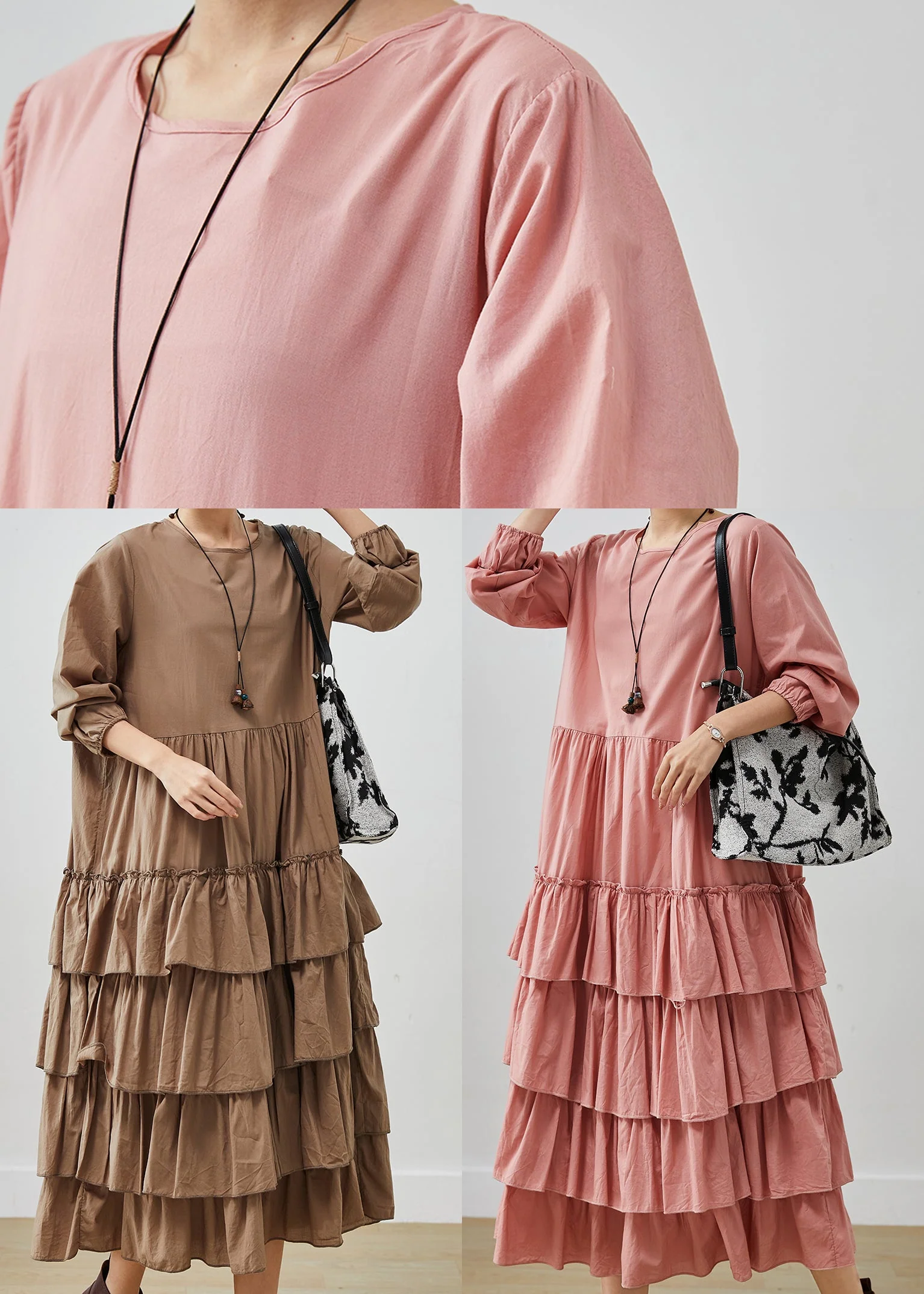 Unique Coffee Oversized Patchwork Cotton Dress Spring - Image 5