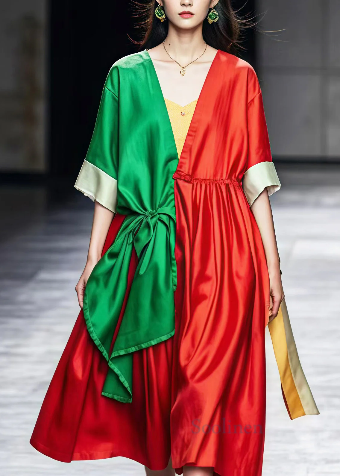 Unique Colorblock Asymmetrical Patchwork Cotton Mid Dress Summer - Image 2
