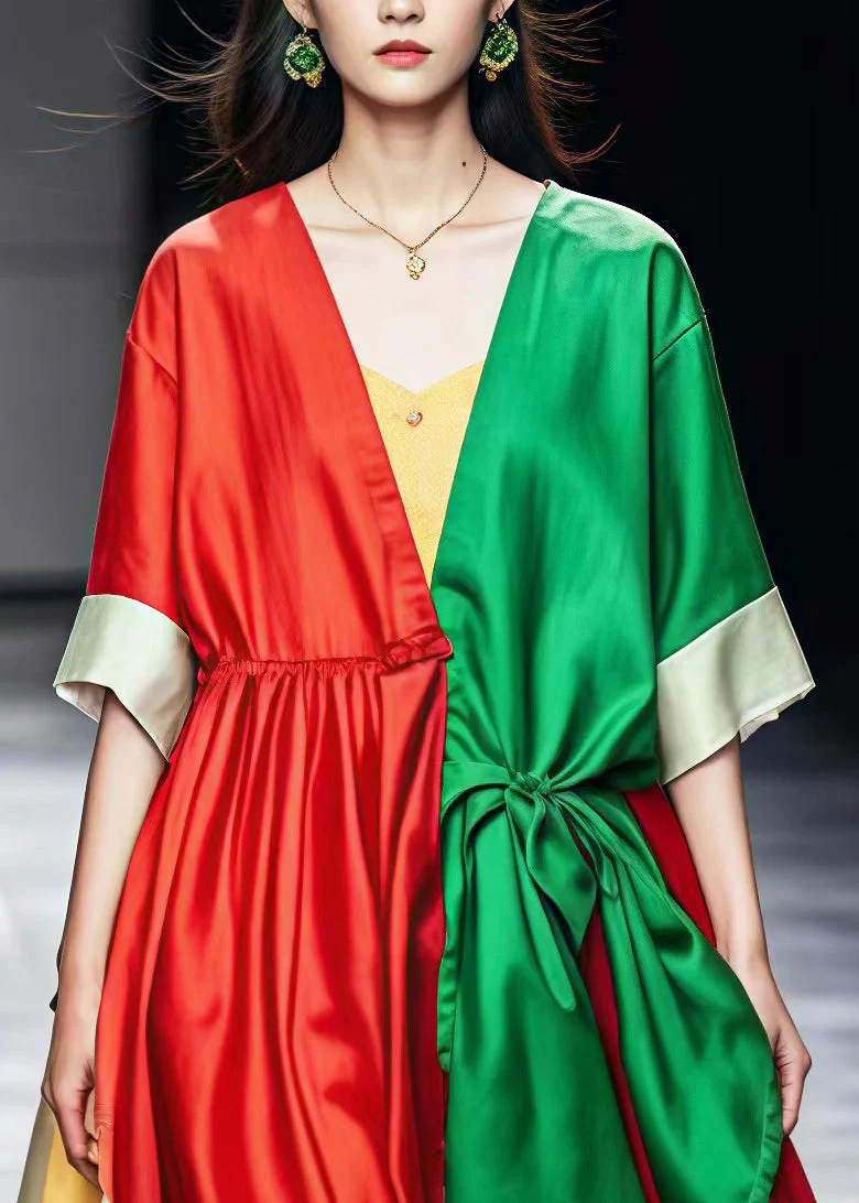 Unique Colorblock Asymmetrical Patchwork Cotton Mid Dress Summer - Image 3