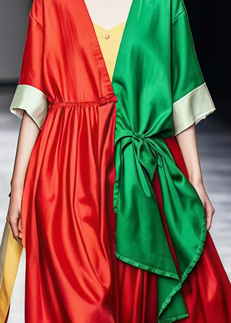 Unique Colorblock Asymmetrical Patchwork Cotton Mid Dress Summer - Image 4