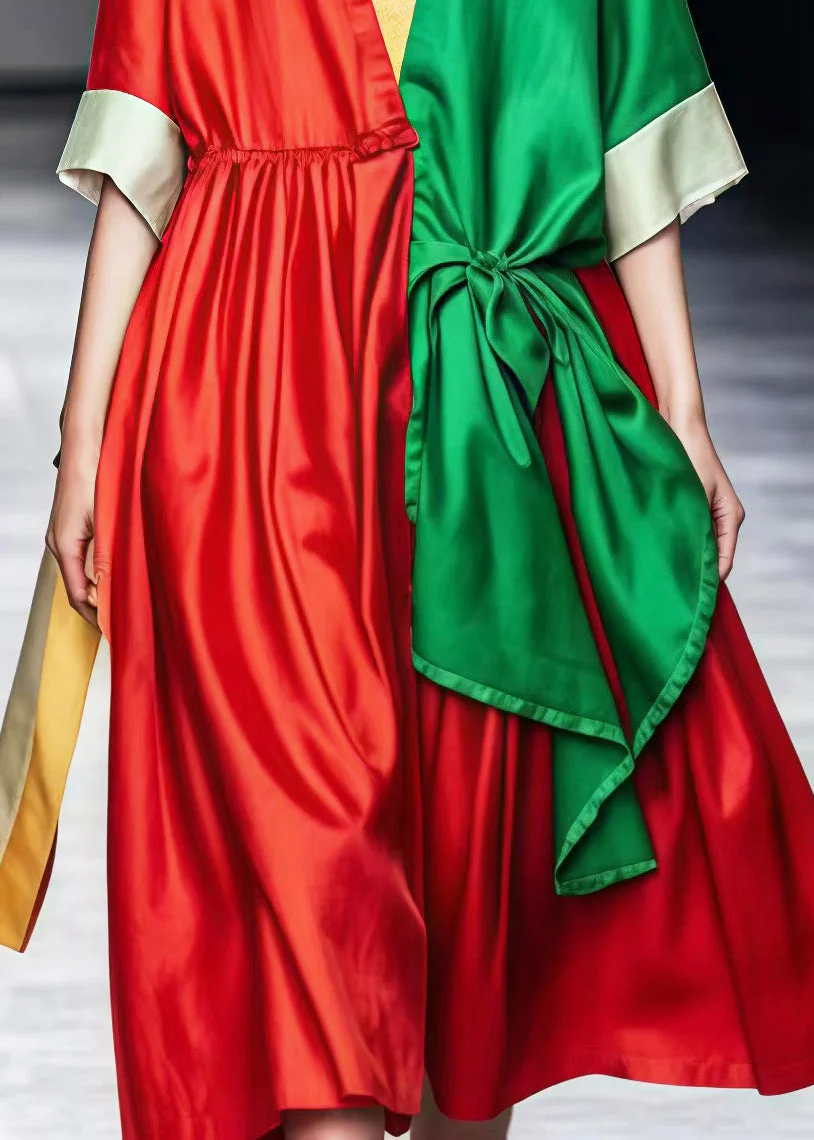 Unique Colorblock Asymmetrical Patchwork Cotton Mid Dress Summer - Image 5