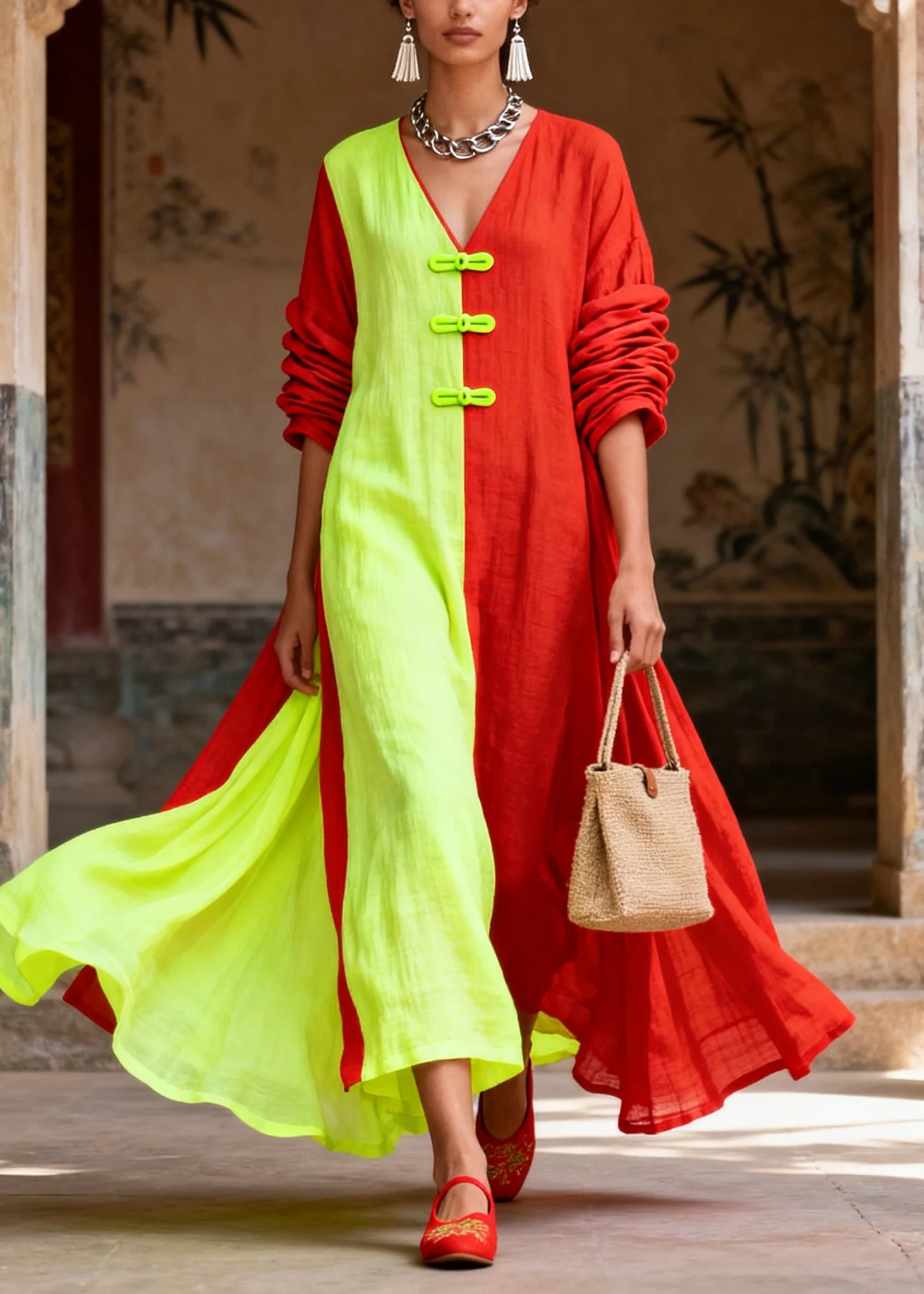 Unique Colorblock Asymmetrical Patchwork Cotton Vacation Dresses Long Sleeve - Image 3
