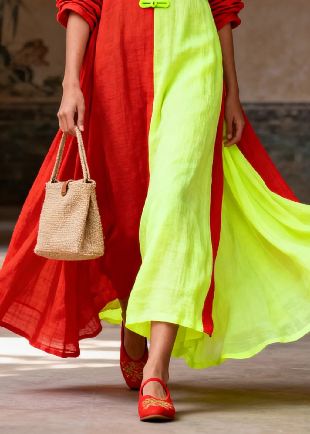 Unique Colorblock Asymmetrical Patchwork Cotton Vacation Dresses Long Sleeve - Image 4