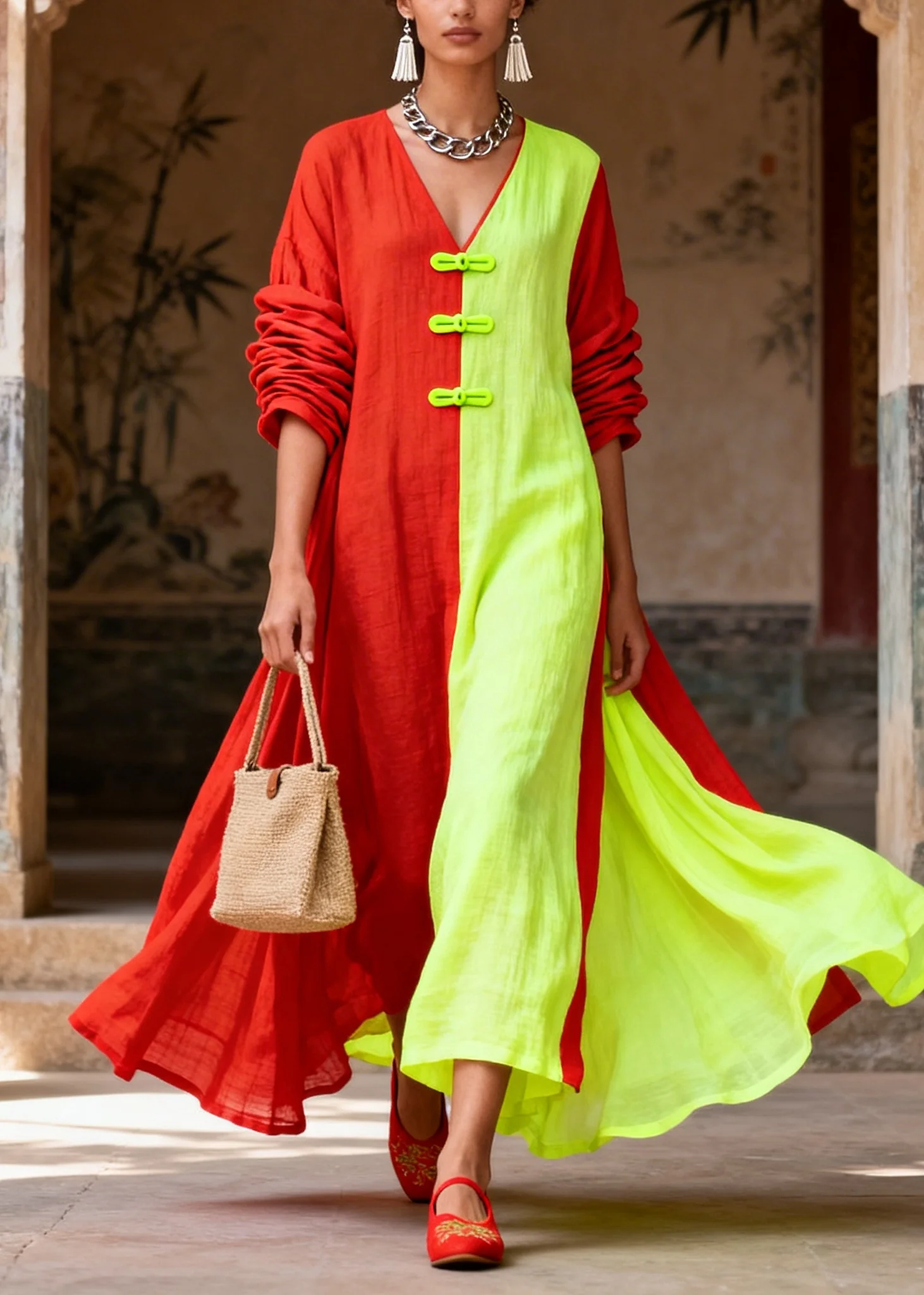 Unique Colorblock Asymmetrical Patchwork Cotton Vacation Dresses Long Sleeve - Image 5