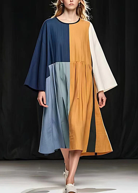 Unique Colorblock Asymmetrical Patchwork Linen Holiday Dress Summer - Image 2