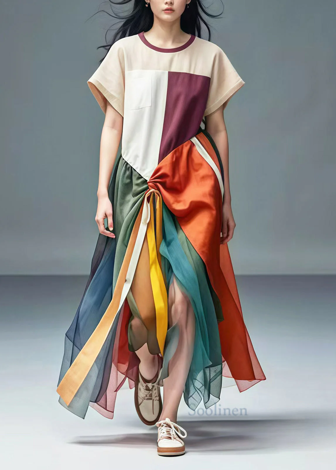 Unique Colorblock Asymmetrical Patchwork Tulle Cotton Dresses Summer - Image 2
