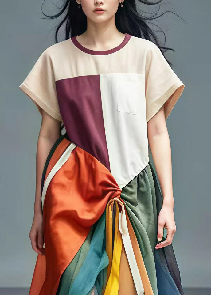 Unique Colorblock Asymmetrical Patchwork Tulle Cotton Dresses Summer - Image 3