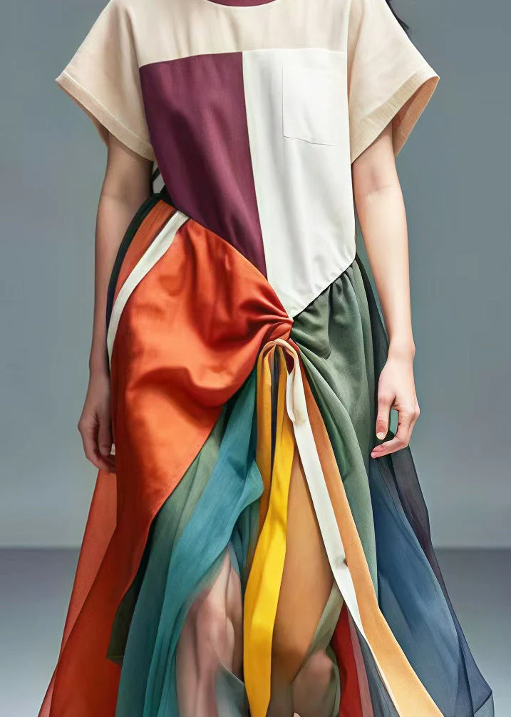 Unique Colorblock Asymmetrical Patchwork Tulle Cotton Dresses Summer - Image 4