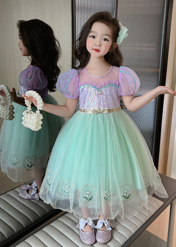 Unique Colorblock Embroideried Patchwork Tulle Kids Girls Long Dresses Summer - Image 3