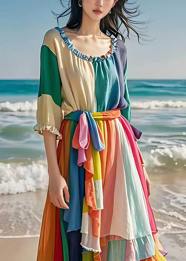 Unique Colorblock Ruffled Tie Waist Cotton Long Dresses Half Sleeve - Image 2