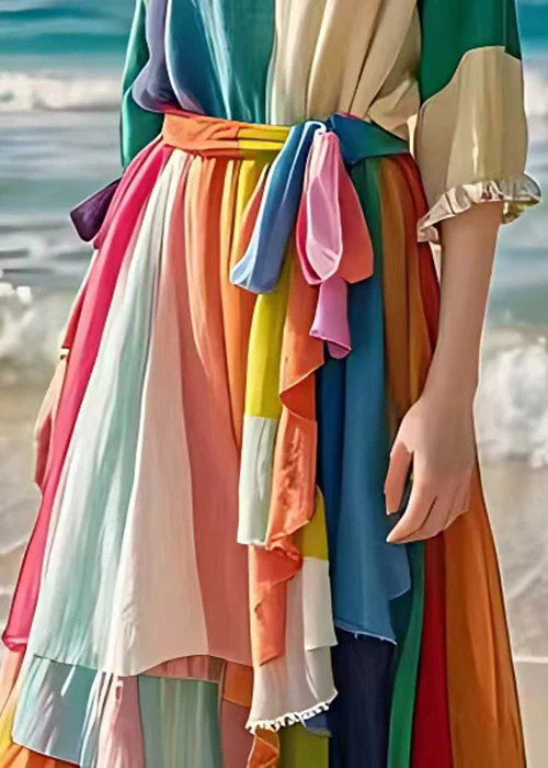 Unique Colorblock Ruffled Tie Waist Cotton Long Dresses Half Sleeve - Image 5