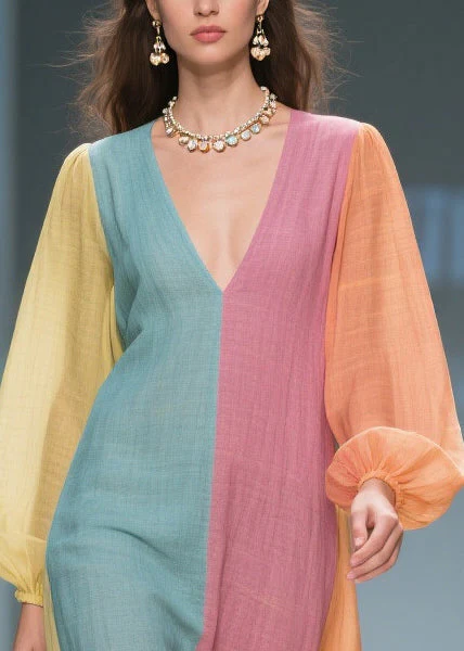 Unique Colorblock V Neck Patchwork Cotton Dresses Lantern Sleeve - Image 2