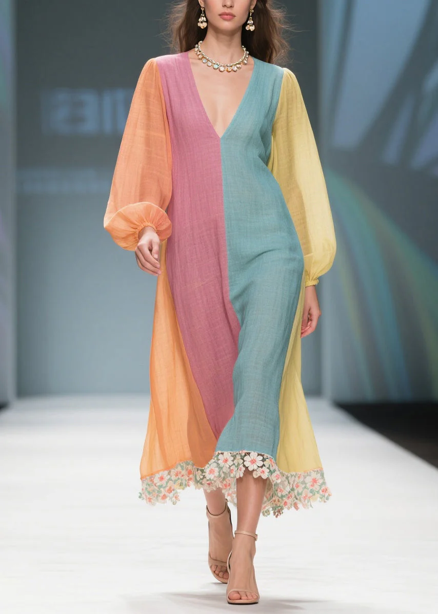Unique Colorblock V Neck Patchwork Cotton Dresses Lantern Sleeve - Image 3