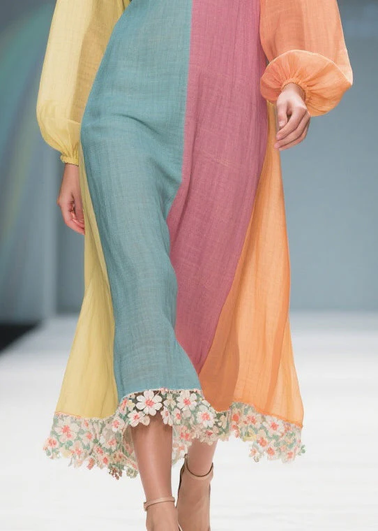 Unique Colorblock V Neck Patchwork Cotton Dresses Lantern Sleeve - Image 4