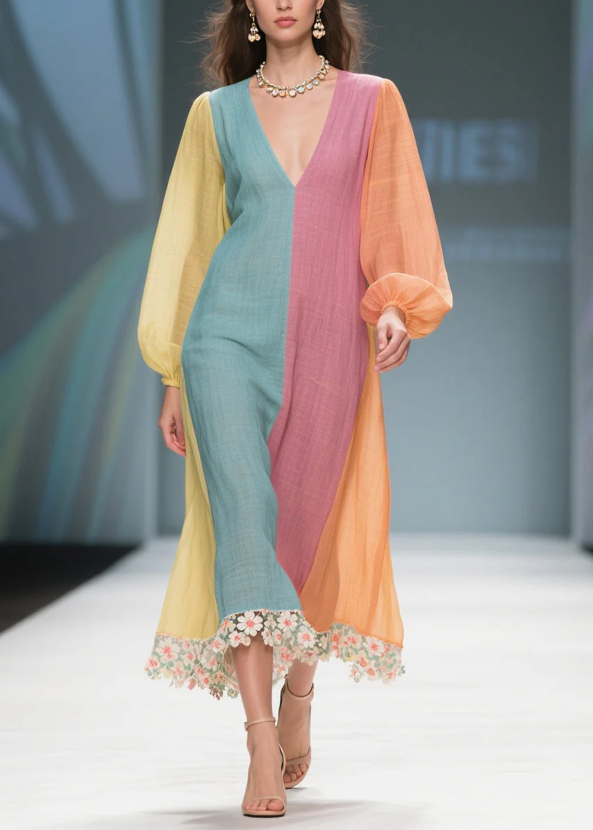 Unique Colorblock V Neck Patchwork Cotton Dresses Lantern Sleeve - Image 5