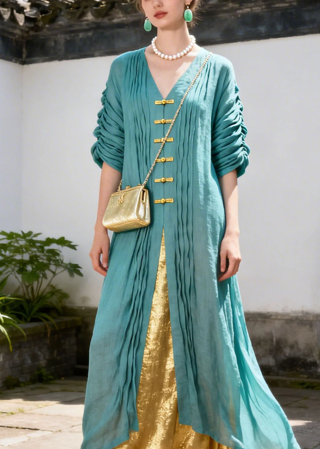 Unique Colorblock V Neck Patchwork False Two Pieces Cotton Dresses Summer - Image 2