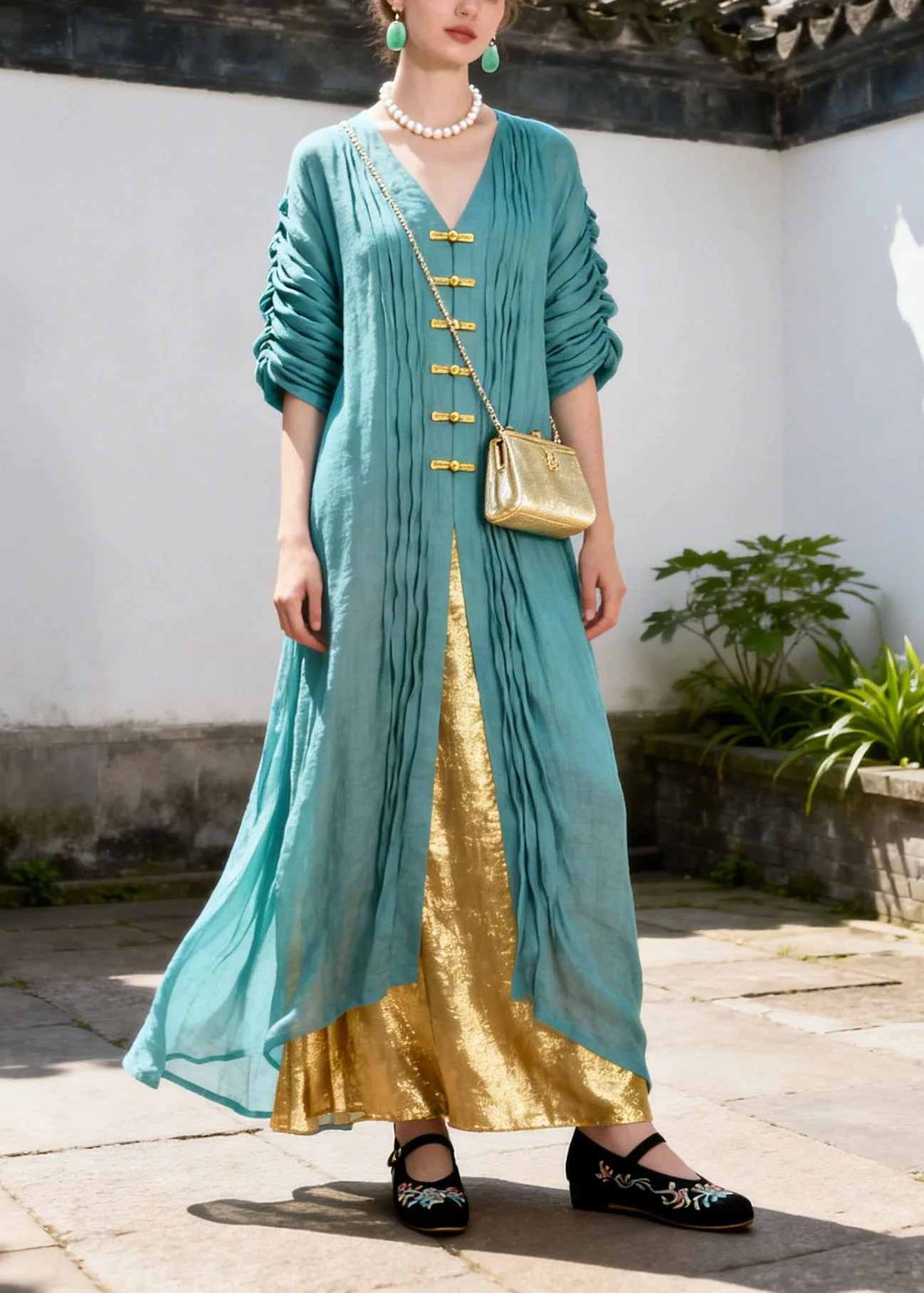Unique Colorblock V Neck Patchwork False Two Pieces Cotton Dresses Summer - Image 3