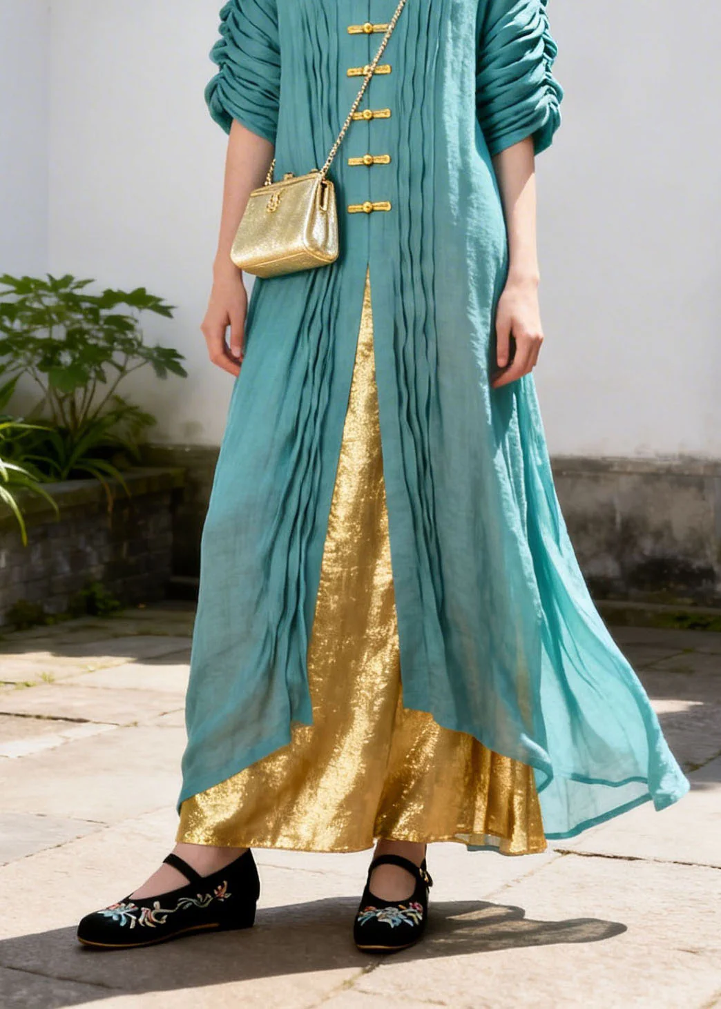 Unique Colorblock V Neck Patchwork False Two Pieces Cotton Dresses Summer - Image 4