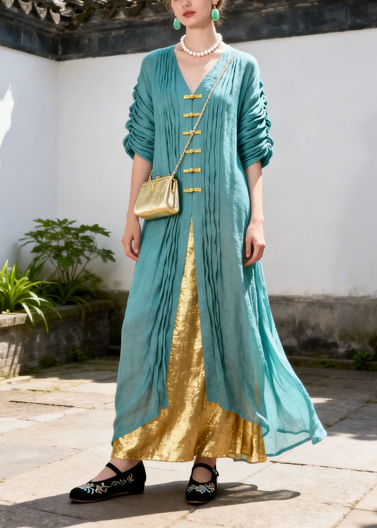 Unique Colorblock V Neck Patchwork False Two Pieces Cotton Dresses Summer - Image 5