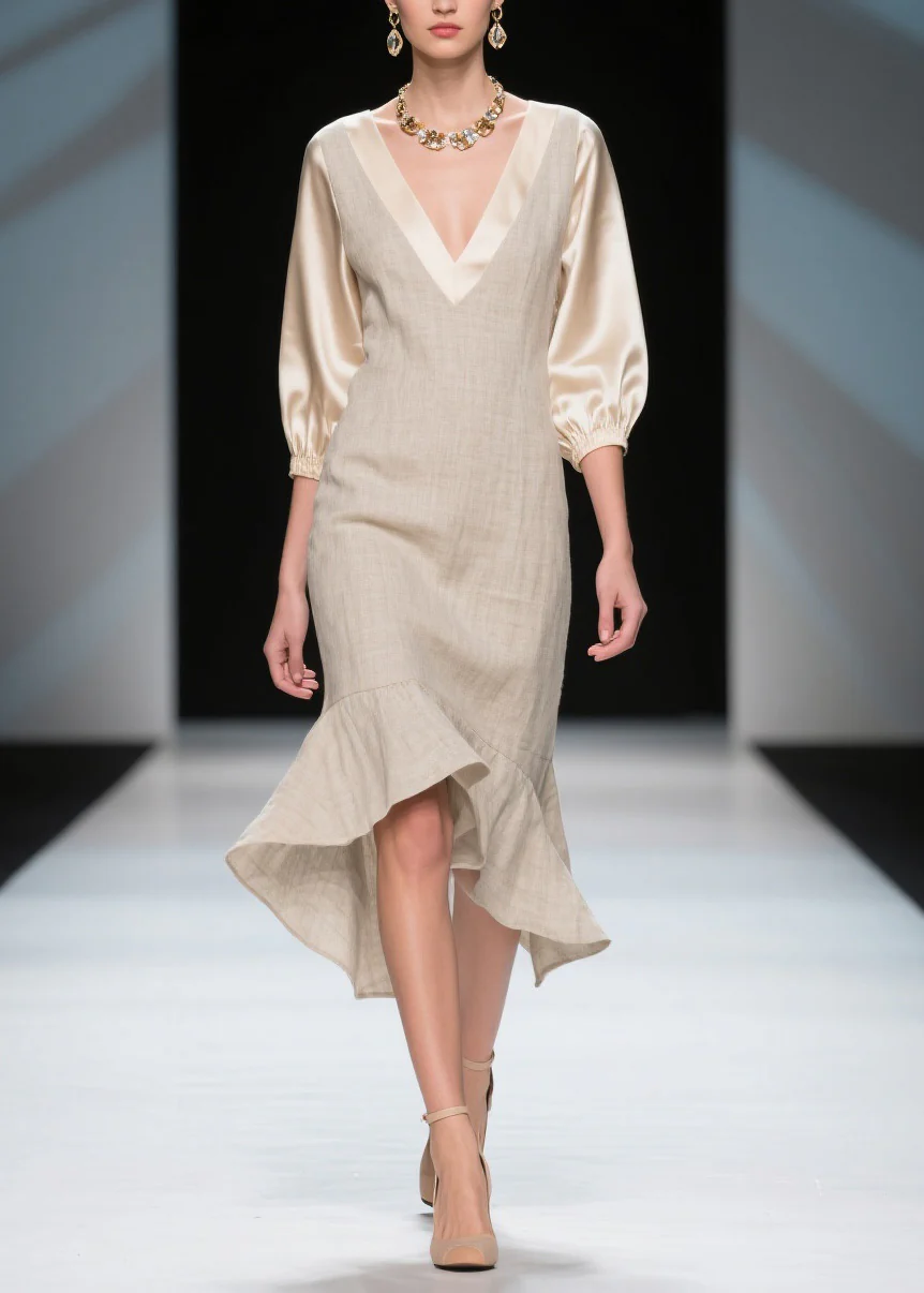 Unique Colorblock V Neck Patchwork Linen Silk Dresses Summer - Image 3