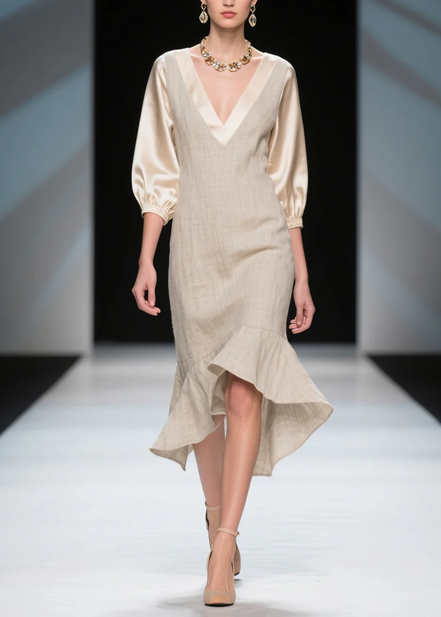 Unique Colorblock V Neck Patchwork Linen Silk Dresses Summer - Image 5