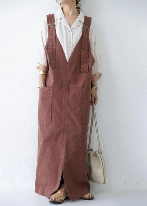 Unique Dark Grey V Neck Pockets Patchwork Denim Carpenter Dress Spring - Image 2